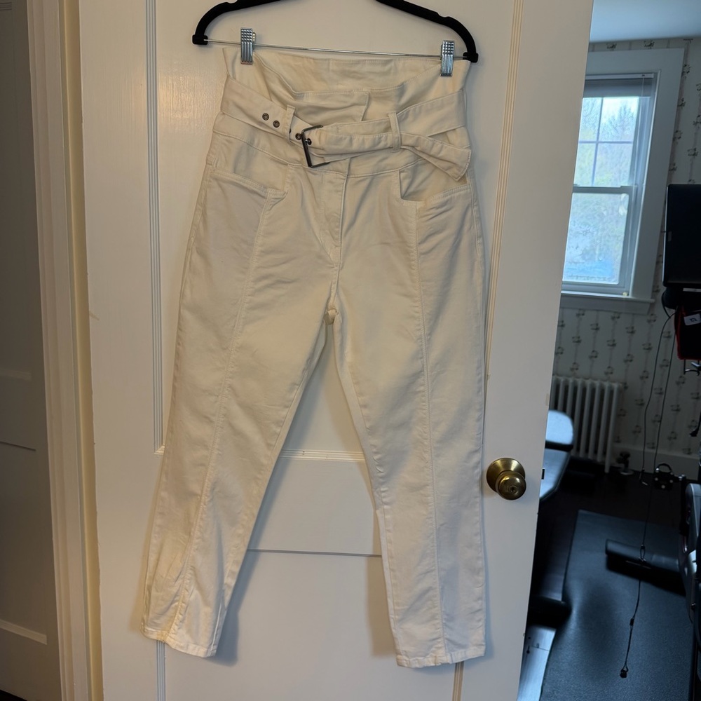 ZARA WOMAN White Cotton Belted Flat Front Straight Leg Ankle Pants Button Zip